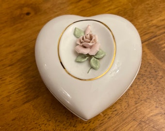 Vintage White Porcelain Lidded Heart Trinket Dish: Rose Design, Gift For Her