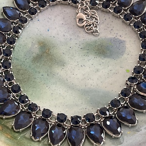 Dark Blue Crystal Necklace , Blue Crystal  Statement Necklace.