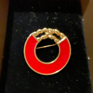 Monet Red Enamel Brooch, Round Brooch , Vintage  1980s Costume Jewellery