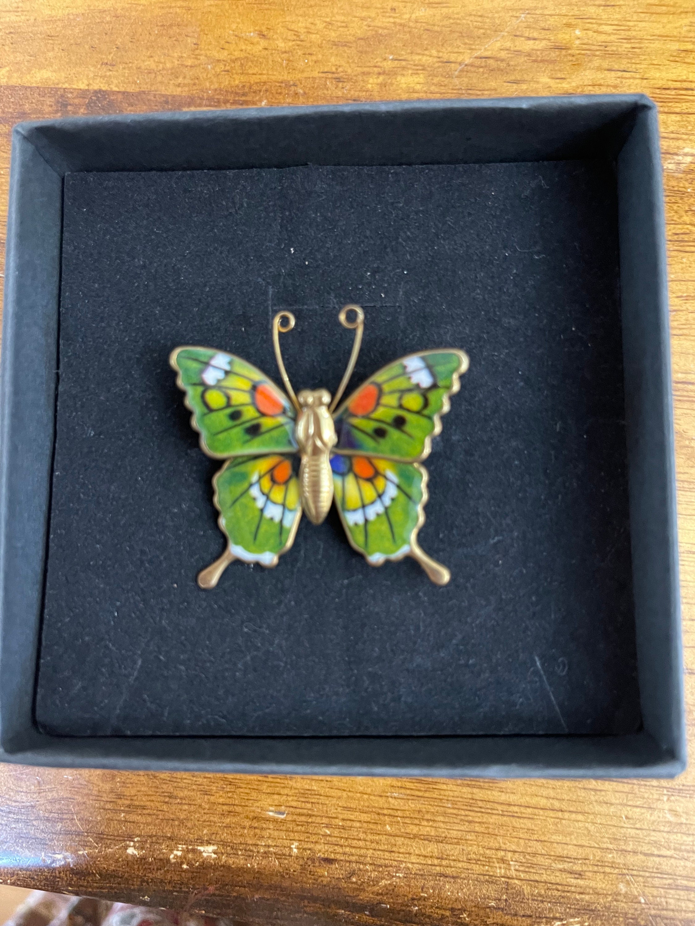 Broche Papillon Ancienne En Argent Massif émaillé - Marron Orangé - Vintage - Occasion
