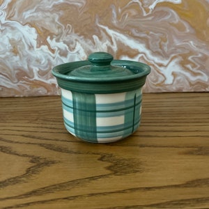 Ulster Ceramics Jam Pot With Lid , Green Jam Pot Gingham Style Design