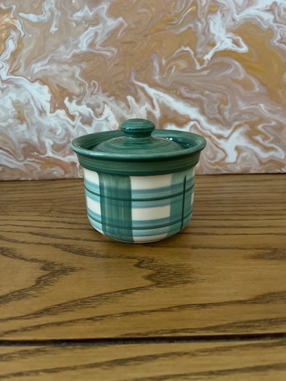 Ulster Ceramics Jam Pot with Lid: Green Gingham Design