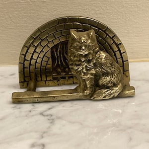 Pequeño portacartas vintage de latón, portacartas con forma de gato