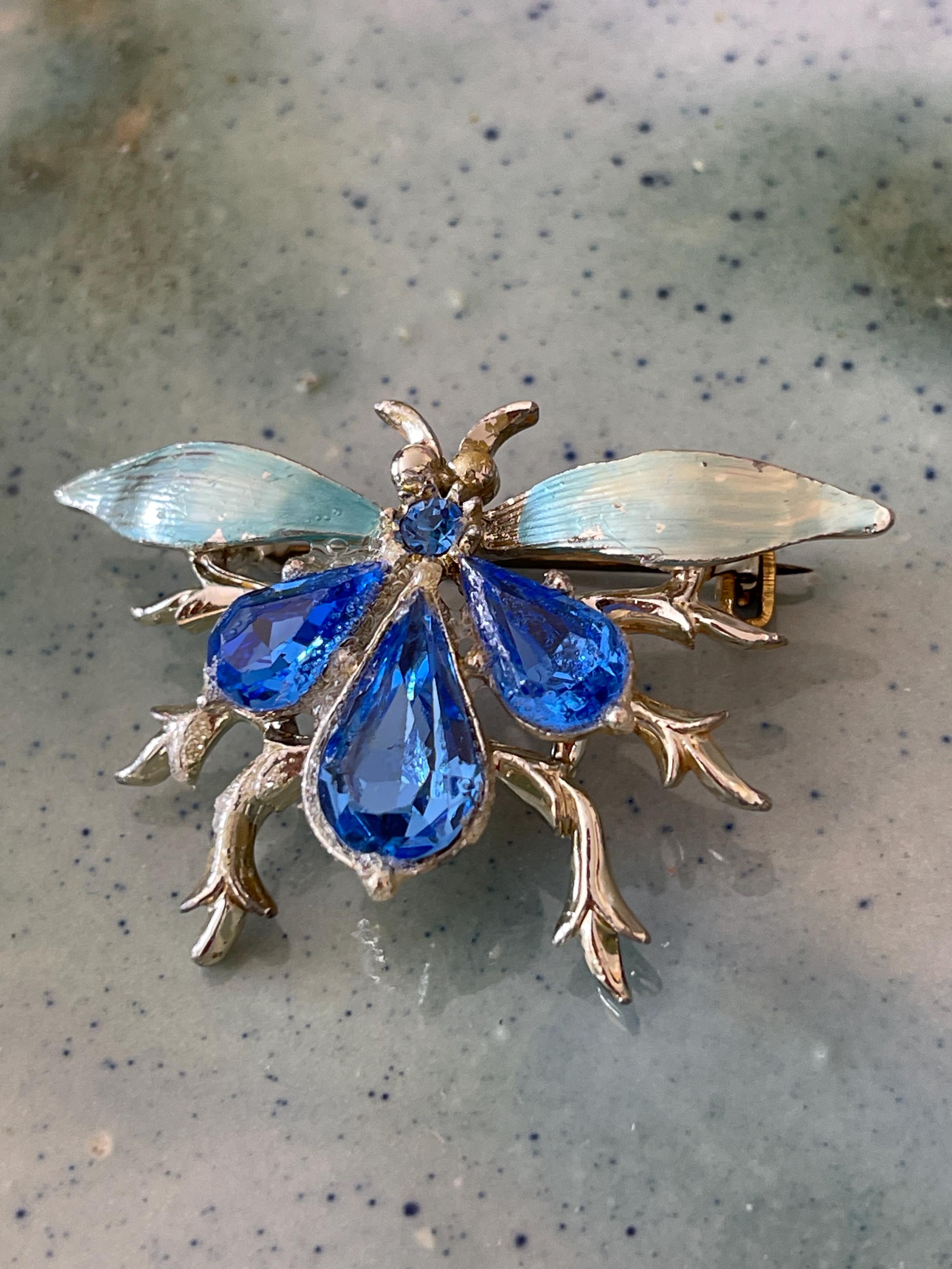 Grande Broche Insecte Avec Strass Et Émail Bleu - Bijou Vintage Occasion