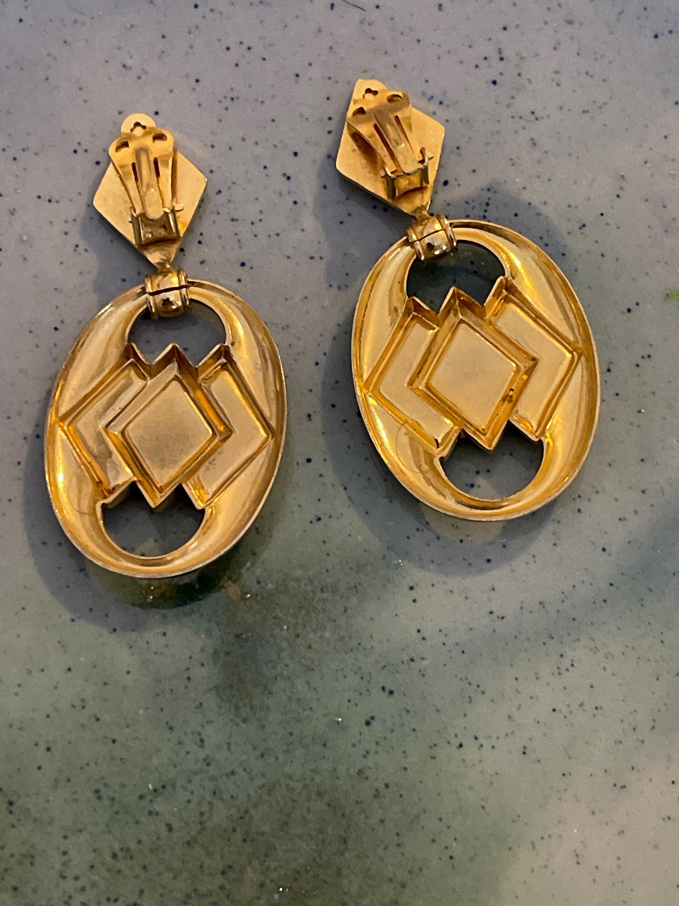 Boucles D'oreilles Anciennes Plaqué Or Art Déco - Modèle Clips Bleu, Occasion, Fabriqué En France