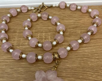 Vintage Rose Quartz Necklace Bracelet Set: