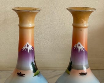 湖の風景を描いたノリタケのビンテージ キャンドルホルダー 2 個