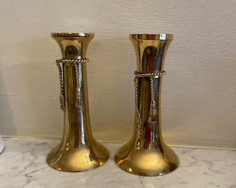 Juego de candelabros de latón vintage, diseño de cuerda, candelabros vintage únicos