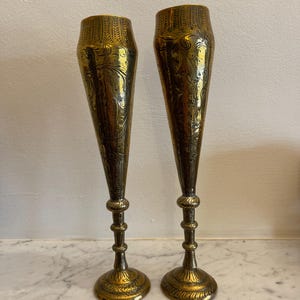2 Vintage / Antique Tapered Vase Brass Vase With Etched  Design. 26cm Height