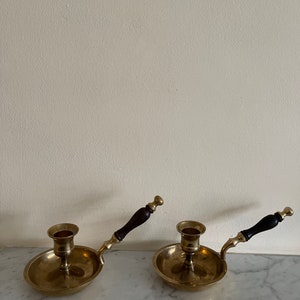 2 Vintage Brass Chamber  Sticks, Beautiful Chamber Sticks with Wood Handles