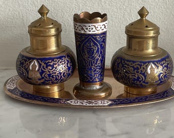 4 Piece Brass and Blue Enamel Vintage Salt and Pepper Shakers With Cocktail Stick Holder and Tray