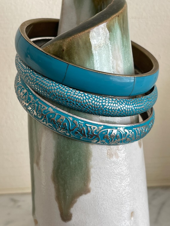 Turquoise Bangle Stack , 3 Varied  Torquoise Bang… - image 1