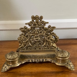 Large Solid Brass Ornate Double Inkwell and Letter Rack,  Large Ornate Letter Rack