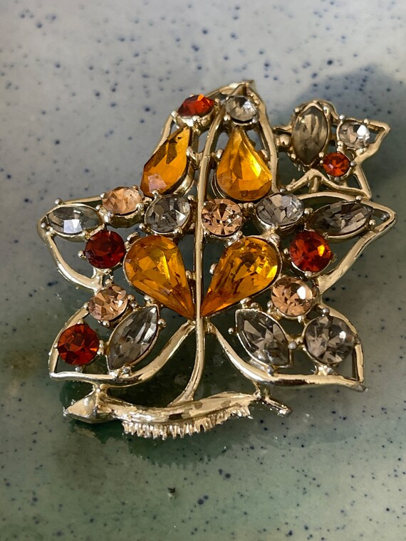 Vintage Exquisite Leaf Brooch, Topaz and Amber Co… - image 3