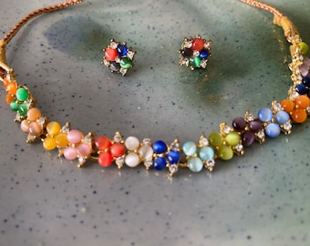 Rainbow Coloured  Floral Necklace and Earrings Set, Colourful Jewellery Set