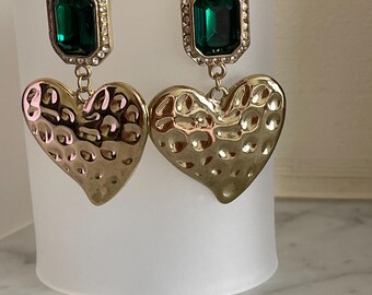 Heart Shape Earrings With Faux Emeralds and Diamanté