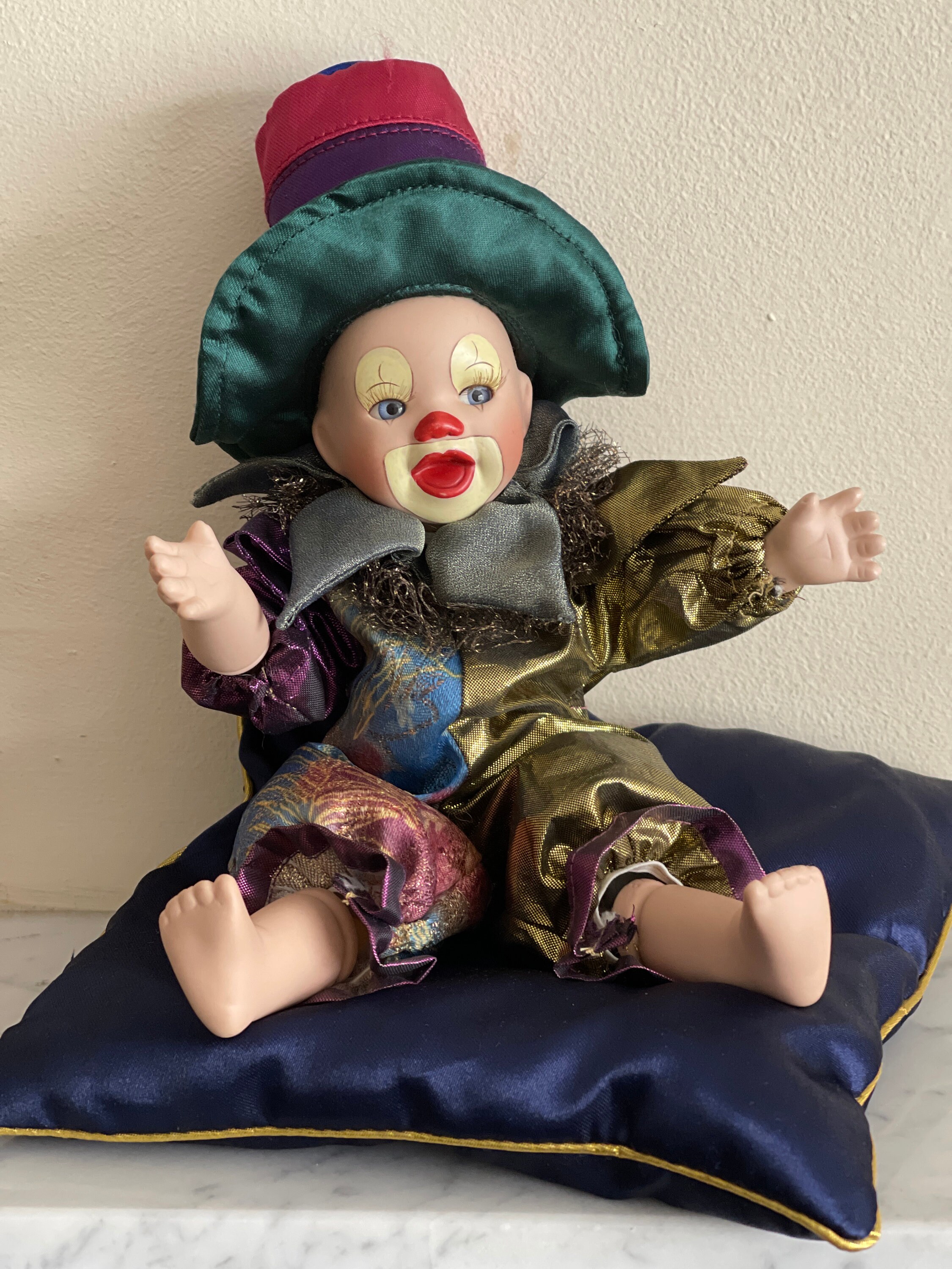 Vintage Porcelain Face Clown Doll, Baby Jester Doll on Blue