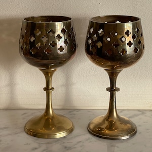 Vintage Brass Candle Holders , Wine Goblet Cut Out Design, Tea-light holders  , Vintage Brass Decor