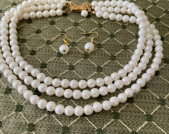 Boucles D'oreilles Vintage Avec Collier Assorti - Perles Radieuses Blanc - Neuf Avec étiquettes