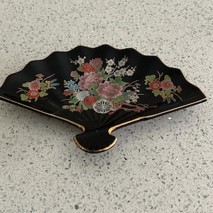 Beautiful Japanese Fan Shaoe  Trinket Tray/Dish , Black Porcelain Japanese Floral Design Trinket Tray