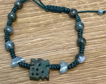 Natural Jade  Bead bracelet With Jade Charm , Adjustable Green  Silk Braid
