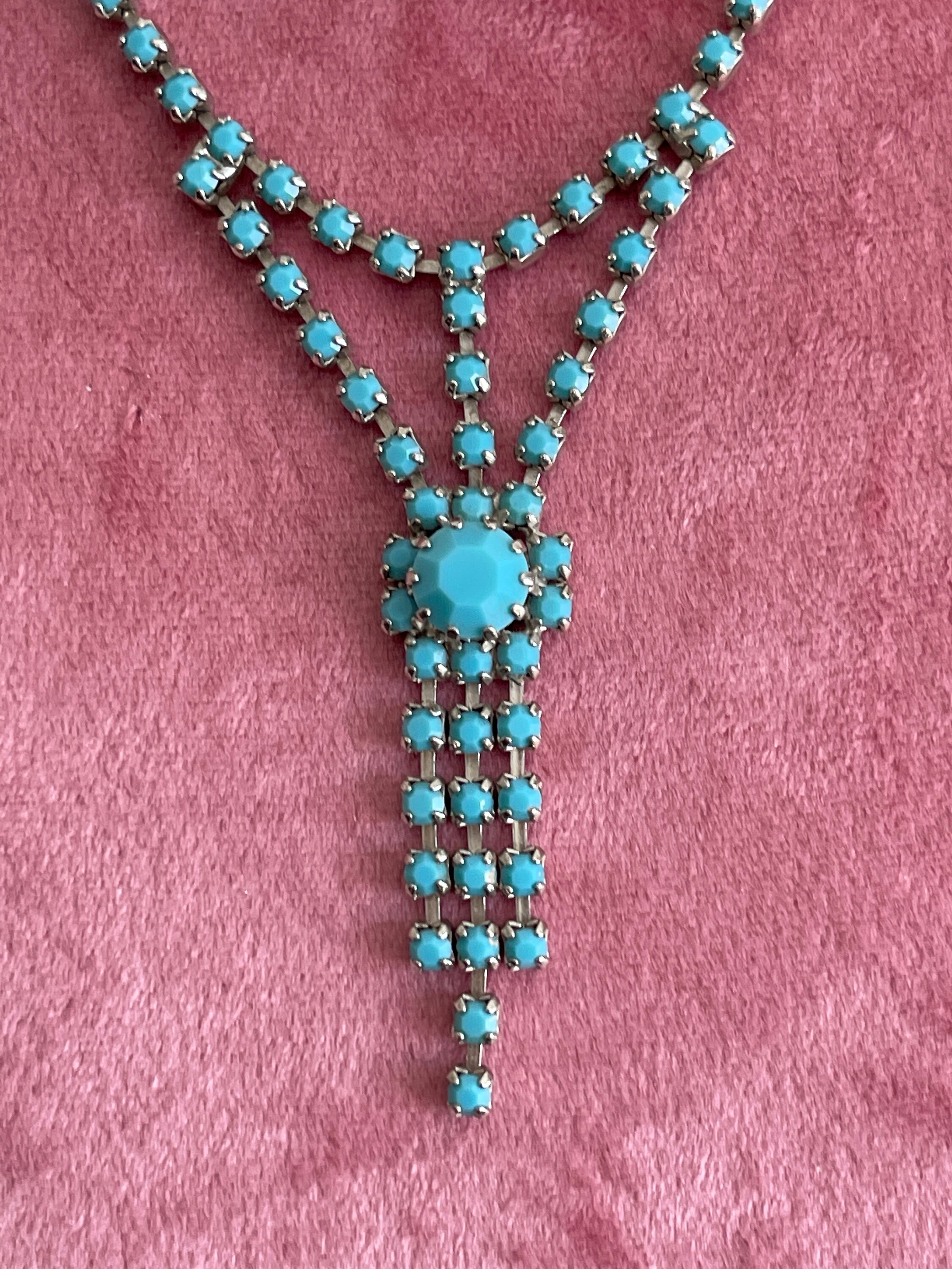 Parure Collier Et Bracelet Argent Sterling Incrustations Turquoise - Années 1970 - Occasion