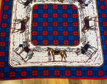 Bufanda ecuestre Pierre Charier, estilo vintage rojo y azul marino con diseño de caballos y jinetes