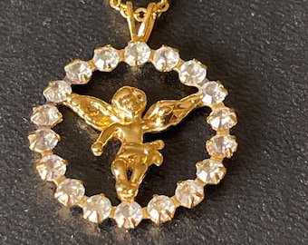 Gold Ton Circular Cherub Engel Anhänger mit Strasssteinen
