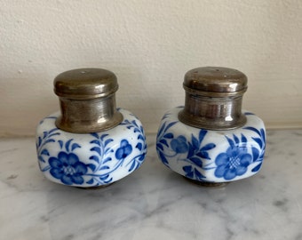 Blue and White Delft Salt and Pepper Shakers. Blue Porcelain and Brass Salt and Pepper Pots