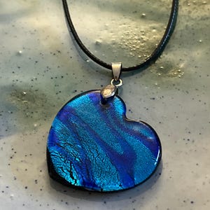 Blue Fused Glass Heart Pendant , Abstract Glass Art ,