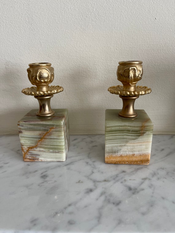 Paire De Bougeoirs En Onyx - Pierre Naturelle - Vintage