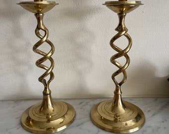 Bougeoirs torsadés en laiton orge, paire de bougeoirs vintage