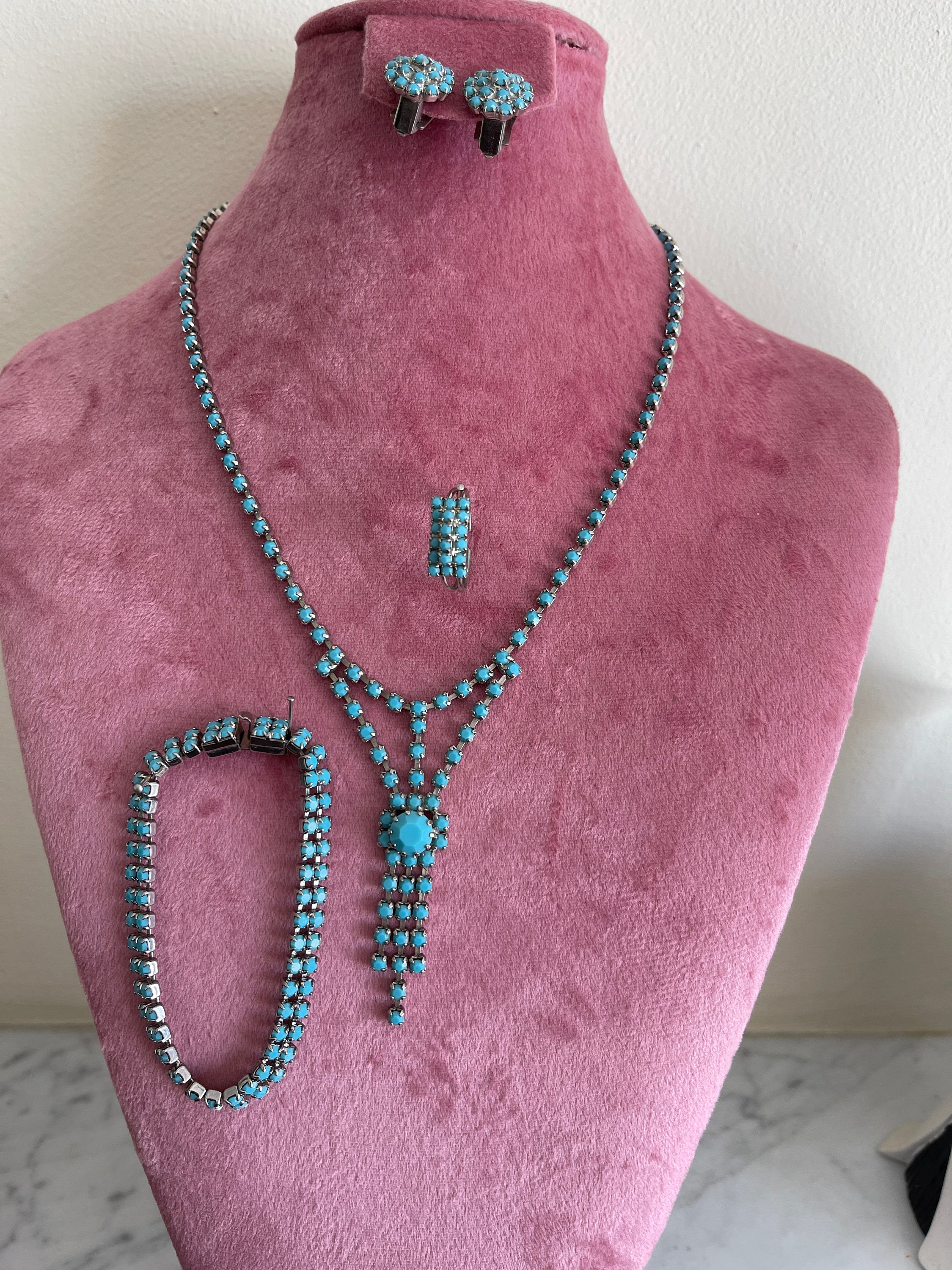 Parure De Bijoux Vintage Années 70 - Collier Et Bracelet En Argent Sterling Avec Turquoise