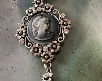 Large Silver Blue Grey Cameo Necklace