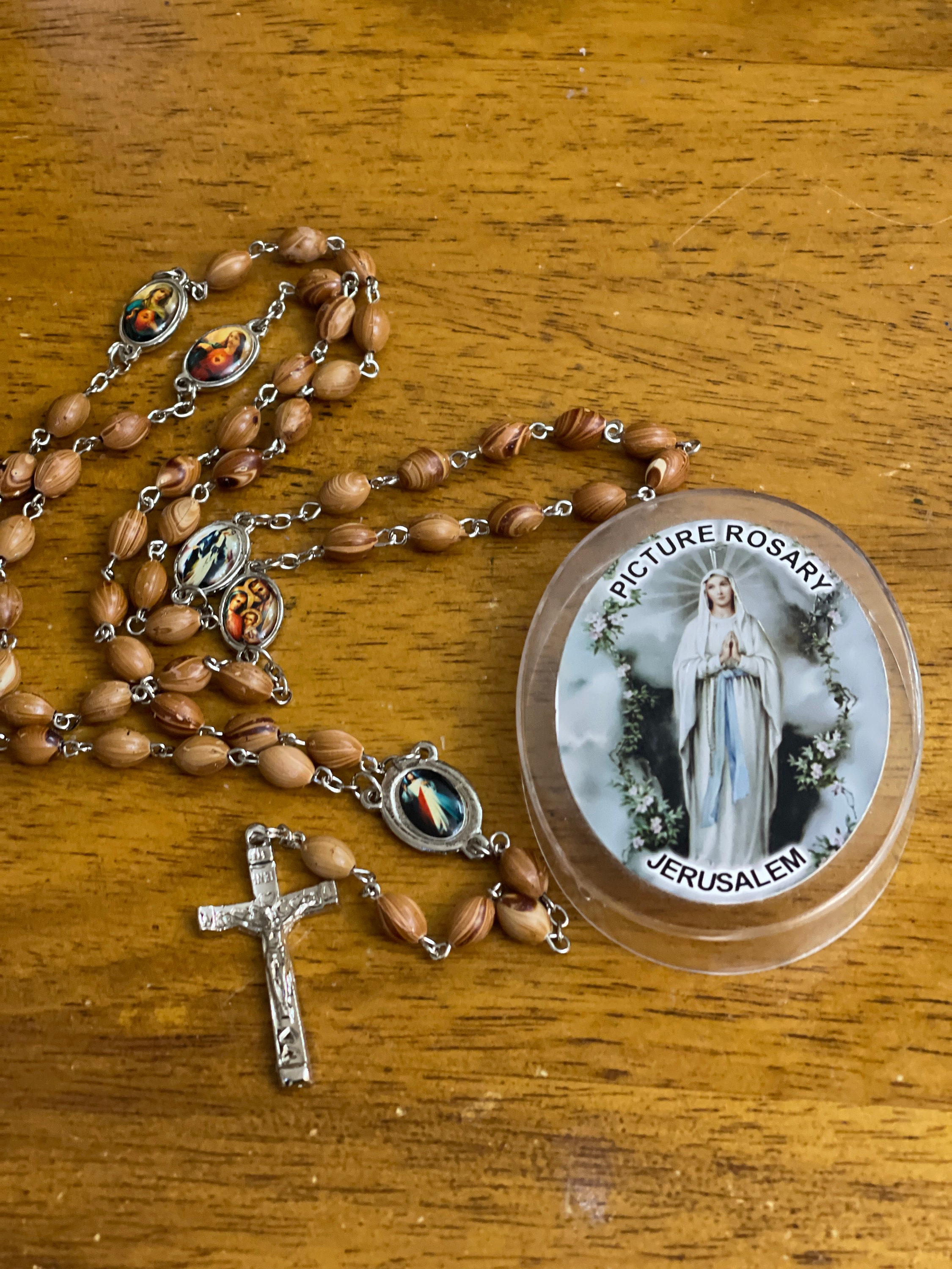 Vintage Olive Wood Rosary, Christening Gifts , With Cross and picture. Catholic Gifts , Christian Gifts