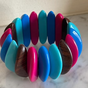 1980s Vintage Colourful Stretch Bracelet, Fuschia Pink Blue and Brown, Retro chunky bracelet
