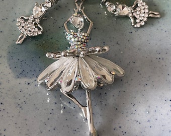 Conjunto de collar y pendientes de bailarina, conjunto de tono plateado vintage con circonita cúbica, regalos de bailarina, regalos para amantes del ballet