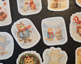 Christmas Cat Stickers | Cute Holiday Cat Sticker Pack | Vintage Watercolor Cats | Festive Xmas Vinyl Stickers | Gifts for Cat Lovers