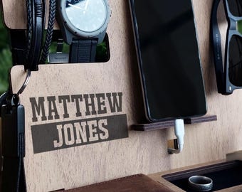 Engraved Monogram Wood Docking Station, Personalized Desk Organizer, Gift For Manager