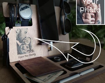 Personalized Wooden Docking Station / Engraved Photo Desk Organizer