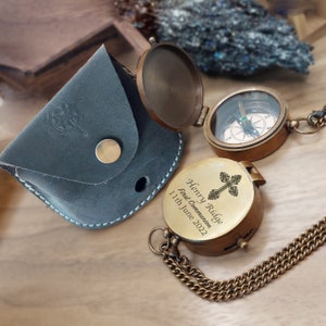 First Holy Communion COMPASS, Baptism Compass Gift, Engraved Compass, First Eucharist, Father's Day Gift, Brass Compass with Leather Case