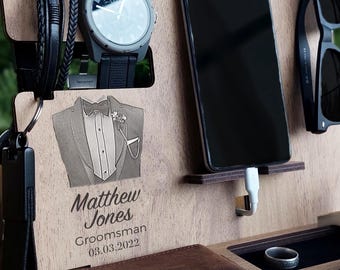 Engraved GROOMSMAN Wooden Docking Station / Personalized Desk Organizer Gift