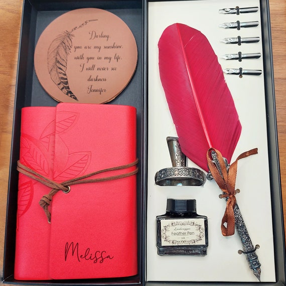 Personalized Leather Journal, Red Feather Dip Pen With Black Ink