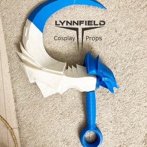 May include: A blue and white 3D printed prop weapon shaped like a crescent moon with a handle. The handle has a ring at the end. The prop is labeled "LYNNFIELD Cosplay Props".