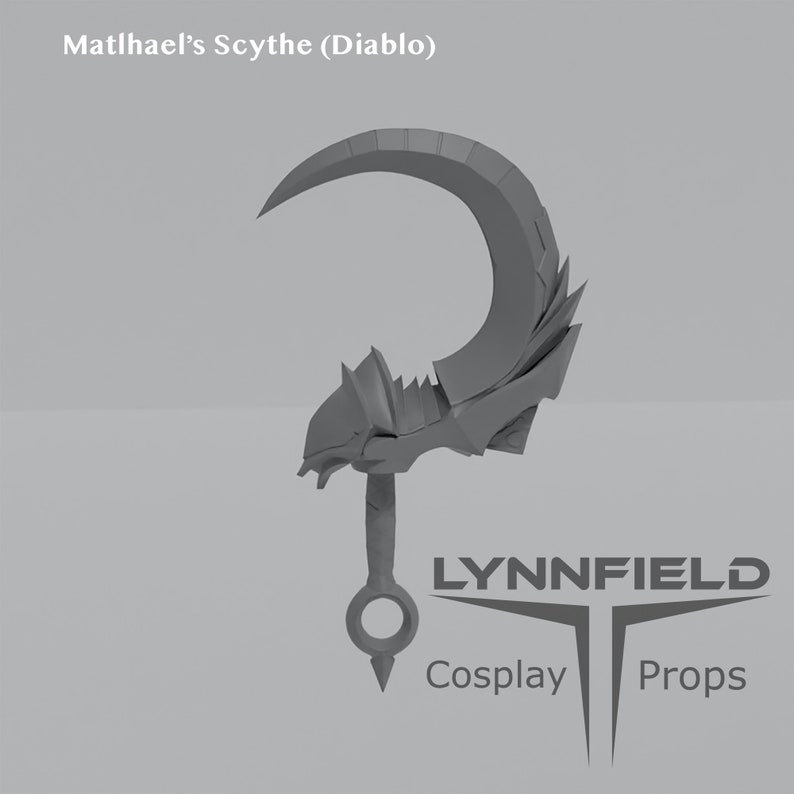 May include: A gray 3D printed model of a scythe, a weapon from the Diablo video game series. The scythe is curved and has a detailed handle. The model is printed in a light gray color and is ready for painting.