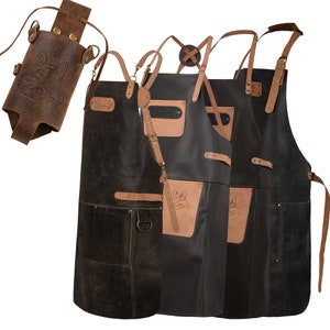Buffalo leather grill chef & kitchen apron + Holly Holster - beverage holster bottle holster