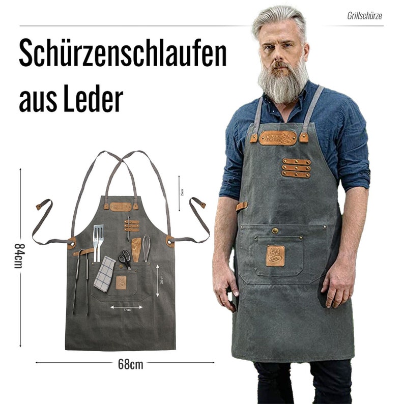 May include: A gray canvas apron with leather accents and multiple pockets. The apron has a variety of tools attached to it, including tongs, a spatula, a whisk, and scissors. The apron is 68 cm wide and 84 cm tall.
