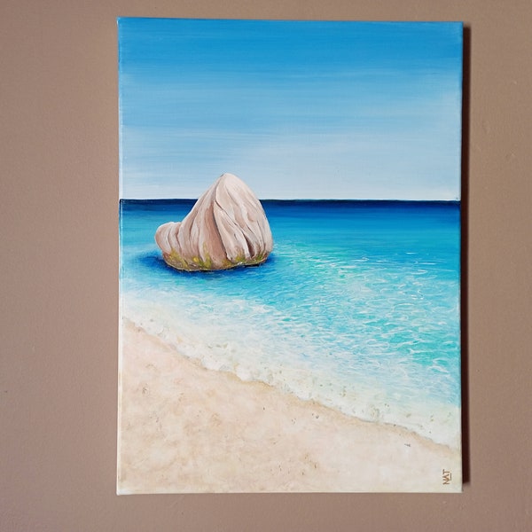 Plage de sable fin / Rocher / Paradis / plage de rêve / eau turquoise / peinture acrylique sur toile / soleil