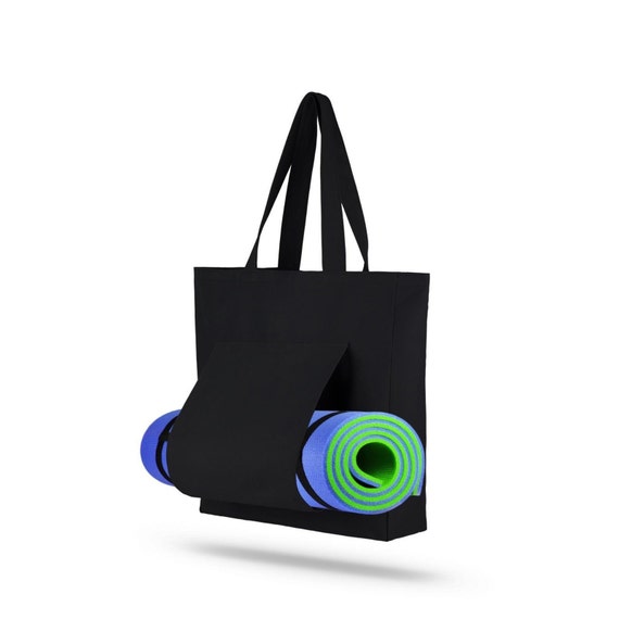Gabardine Black Yoga Bag, Black Tote Bag With Yoga Mat Pocket