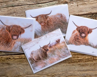Highland Cow Greeting Card Set // 4 Gift Cards // Scottish Cards // Scotland Snowy Coo Note Cards // Blank Cards